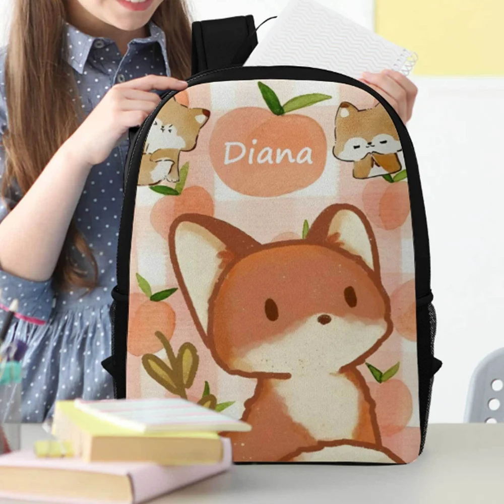 Custom Name Fox Backpack for Girls, Personalized Cute Cartoon Kids School Bookbag Large Capacity Casual Travel Daypack