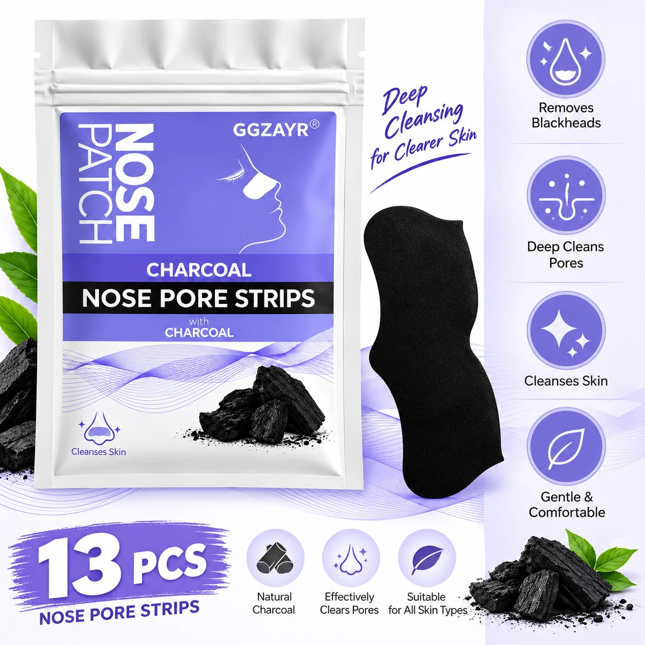 13PCS Charcoal Nose Pore Strips, Deep Cleansing Blackhead Nose Strips for Pore Care and Everyday Use