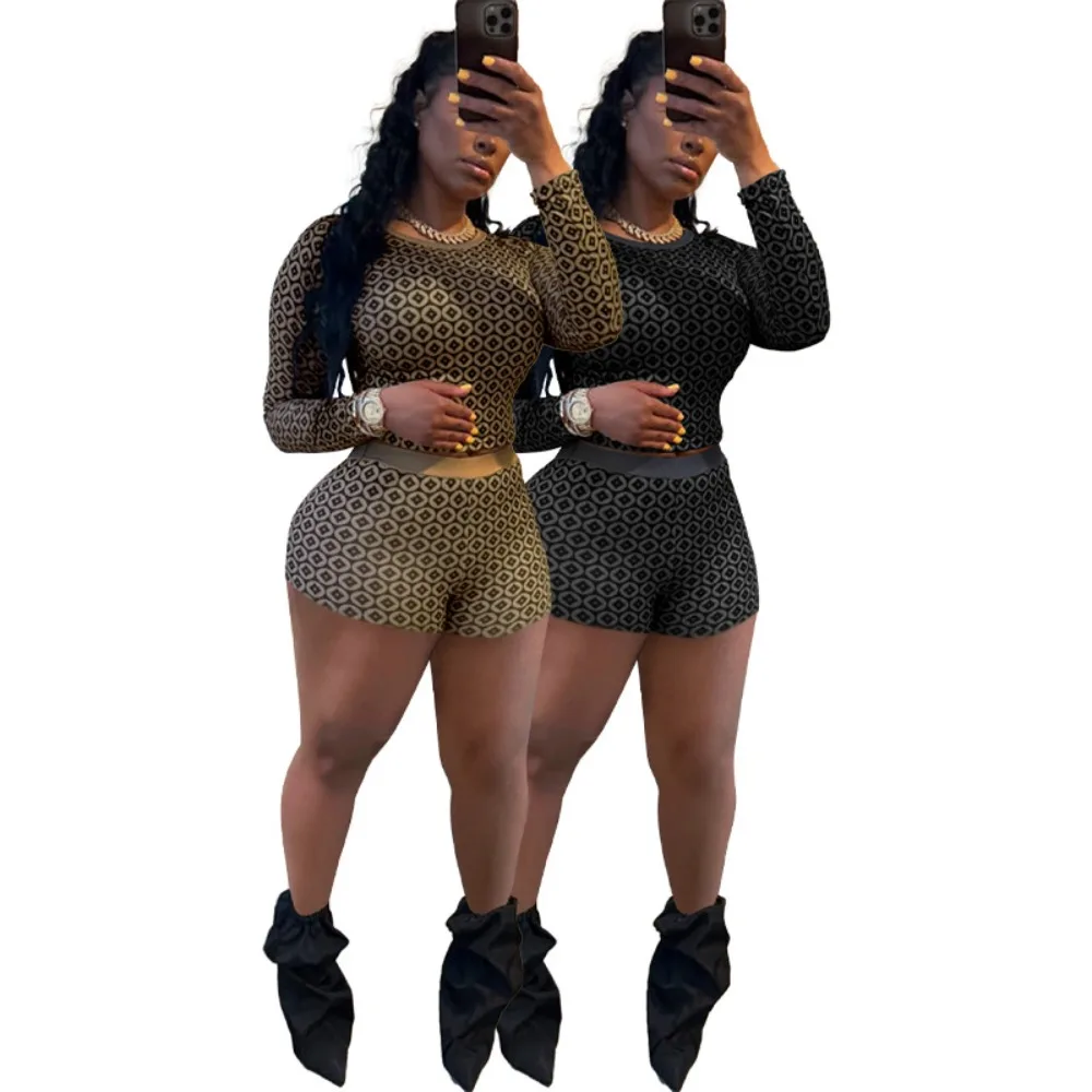 

2025 European & American Fashion - Coin - Print Slim - Fit Long - Sleeve Round - Neck Shorts Two - Piece Set (Women's)