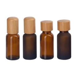 10pcs 20ml 30ml brown glass bottle frosted amber bamboo wood roll on cap essential oil dro bottle with 18/410 bamboo screw cap