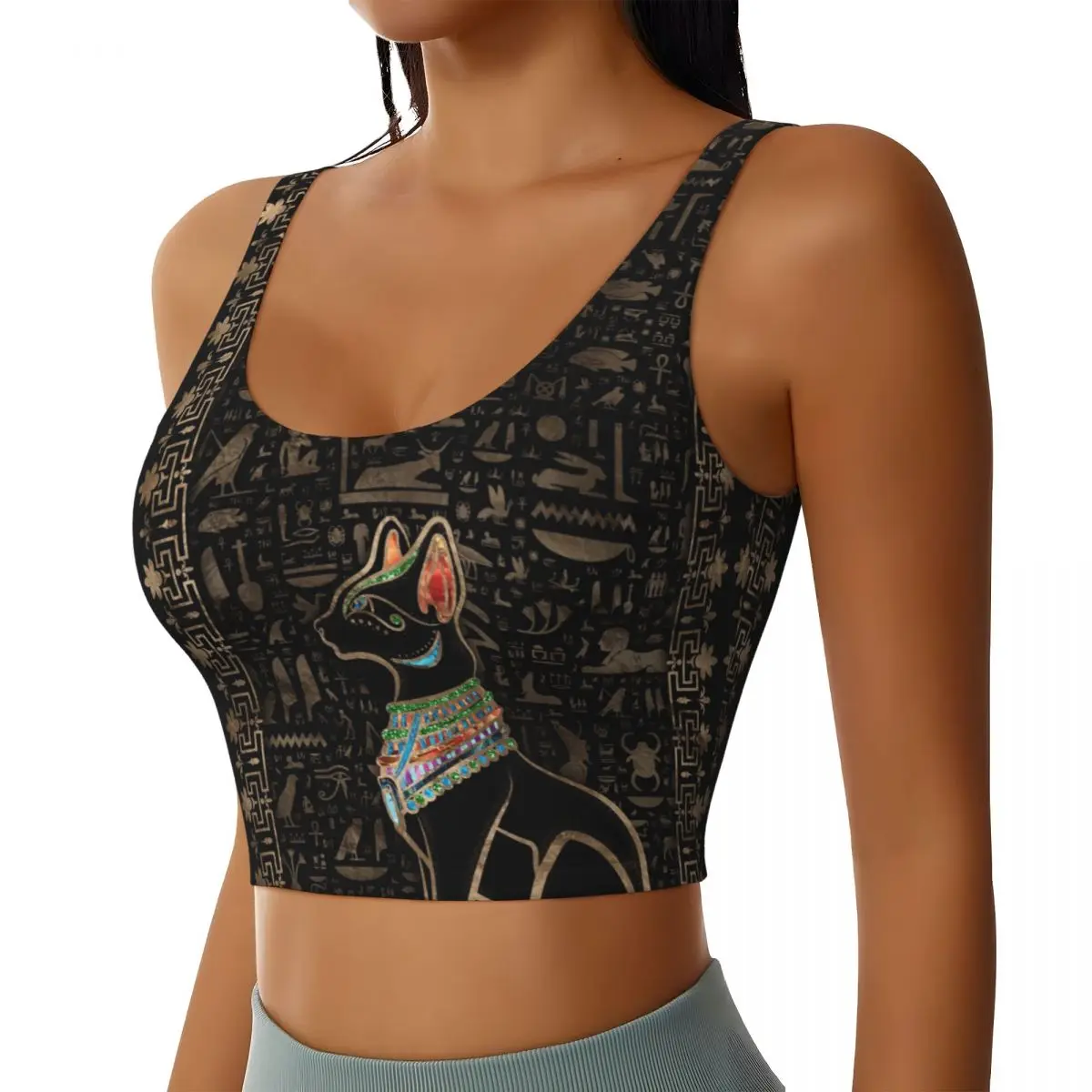 Custom High Impact Egyptian Cat Bastet Sports Bra for Women Ancient Egypt Goddess Gym Workout Yoga Crop Top