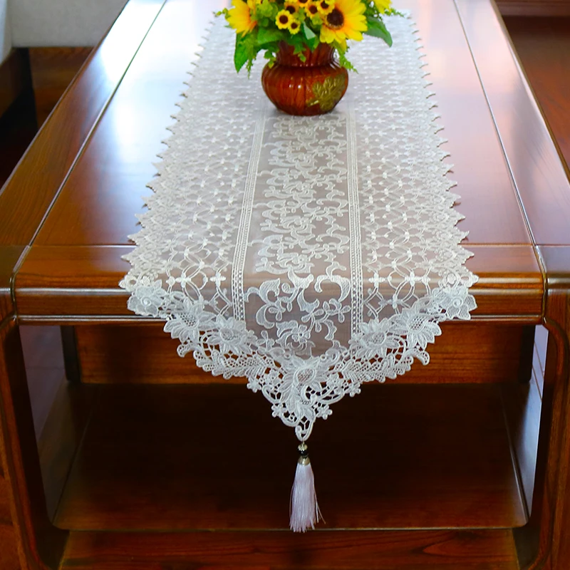 

Luxury white lace flower Embroidery Table flag Runner cloth cover tablecloth Christmas Wedding Table decoration and accessories