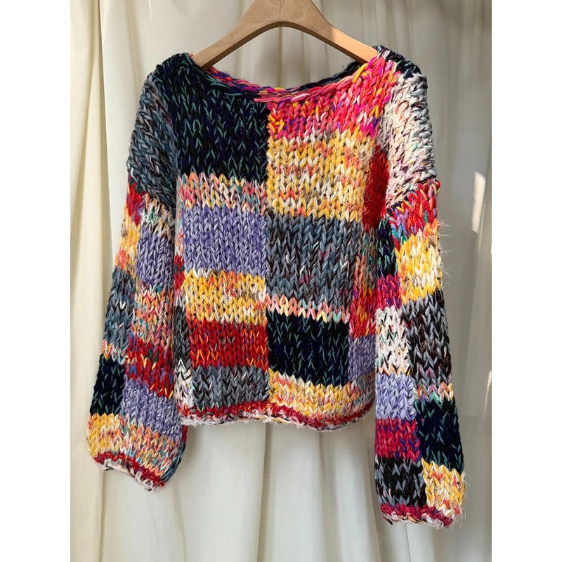 Women’s Vintage Chunky Knit Sweater Color Block Patchwork Pullover Long Sleeve Handmade Style 2025 Autumn/Winter New in Knitwear