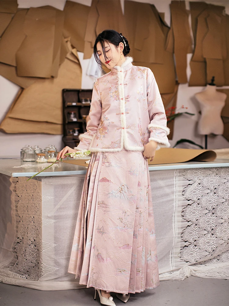 

Новая китайская утепленная хлопковая куртка для женщин, зимняя теплая верхняя одежда, розовое хлопковое пальто с цветочным узором и воротником-стойкой