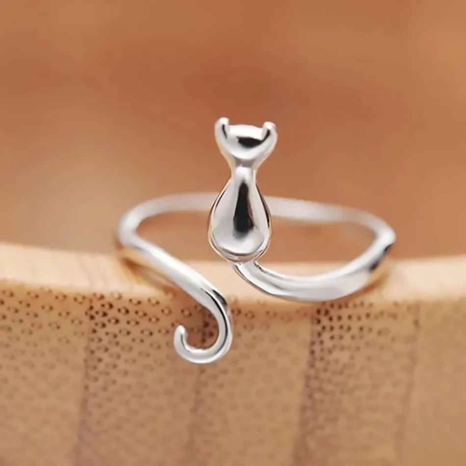 925 Sterling Silver Cat Ring for Women Opening Resizable Animal Rings Simple Stylish Girl Accessories Fashion Versatile Jewelry