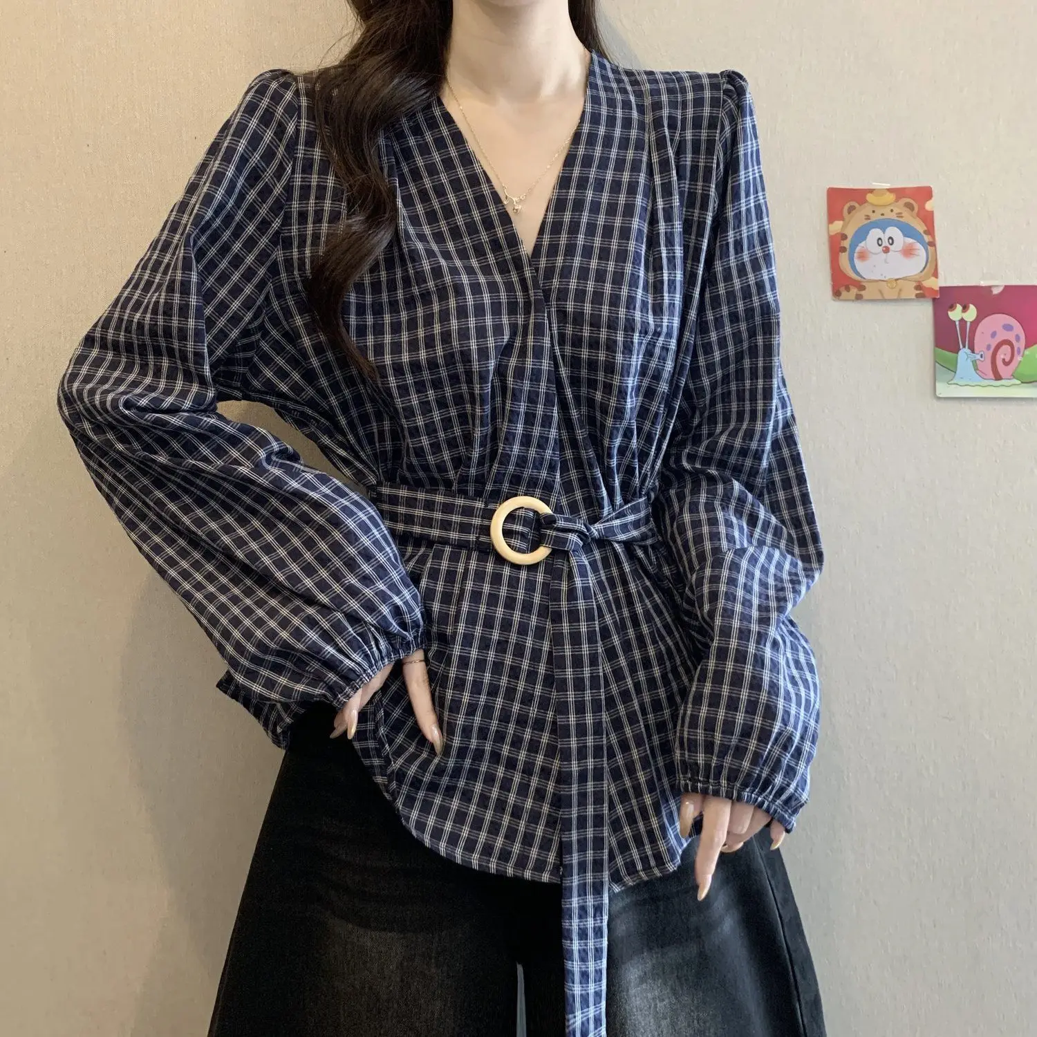 Vintage Plaid V Neck Blouse Women Plus Size Long Sleeve Shirt High Waist Slim Fit Tops Elegant Casual Retro Style Spring Autumn