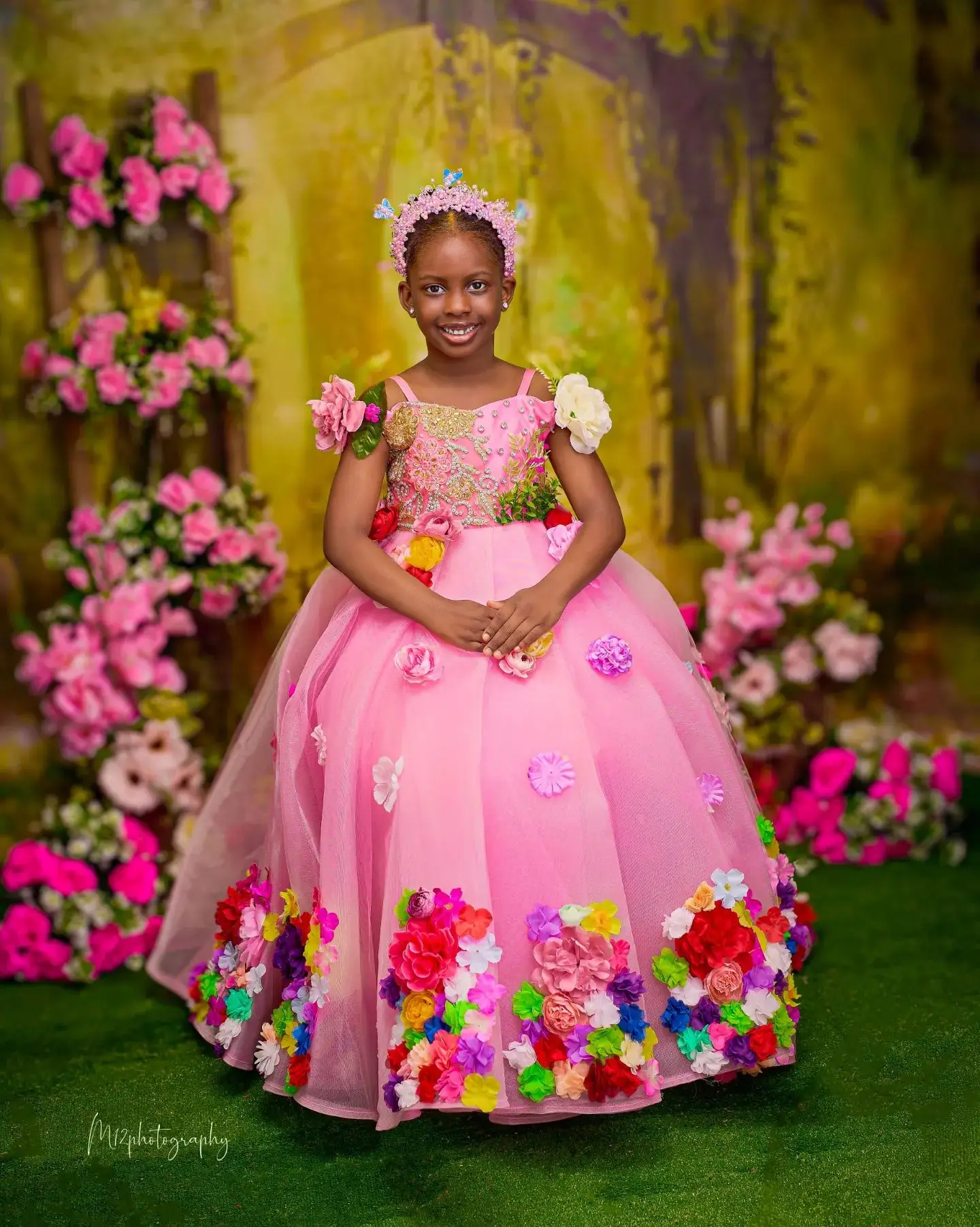 Luxury Pink Kids Birthday Dresses Colorful Big Flower Girl Dresses for Wedding Baby Girls Prom for Photoshoot