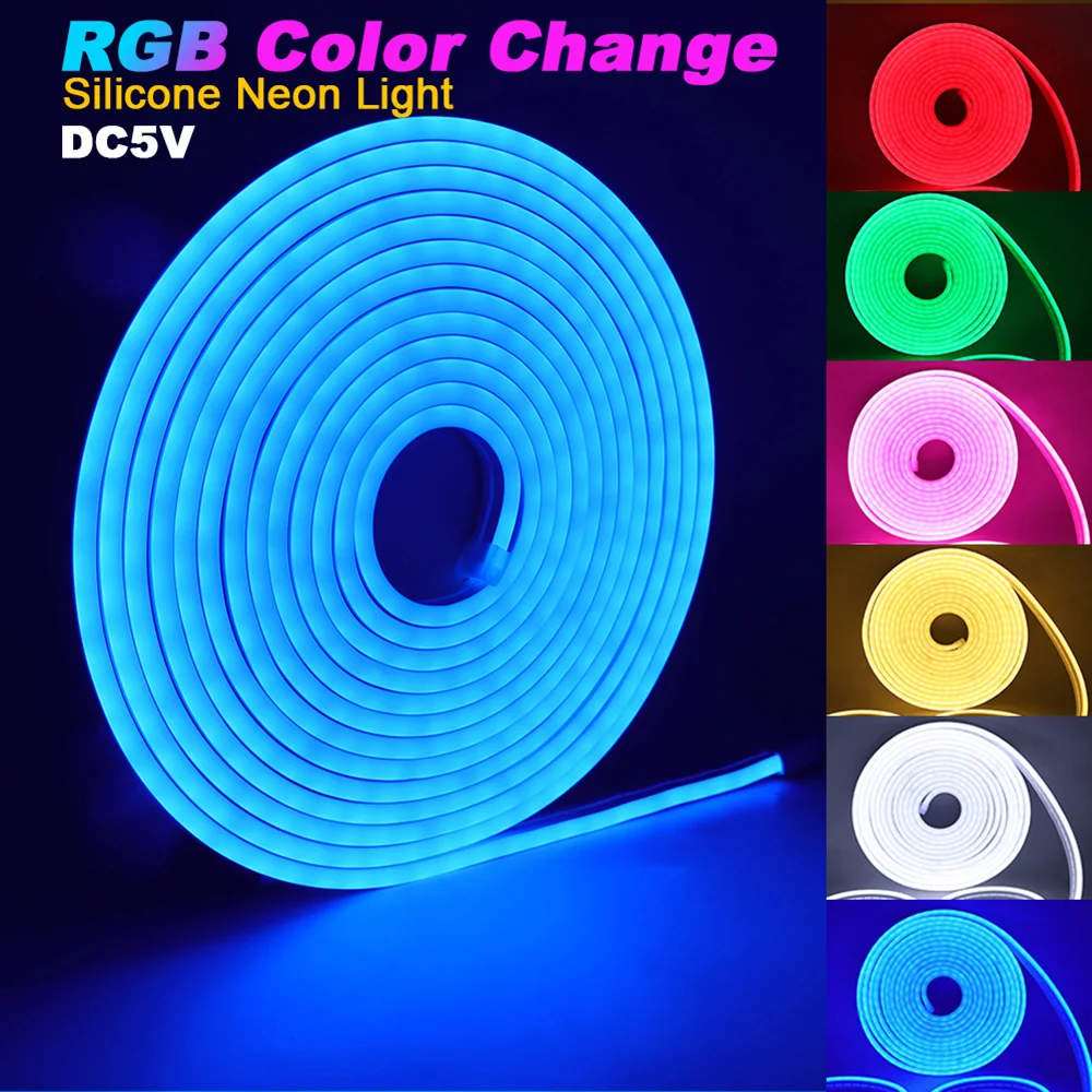 5V RGB LED Neon Strip Light 0.5m 1M 2M 3M 4M 5M RGB Flexible Tape Sign Neon Decoration Waterproof Silicone Tube Lamp Rope Lights