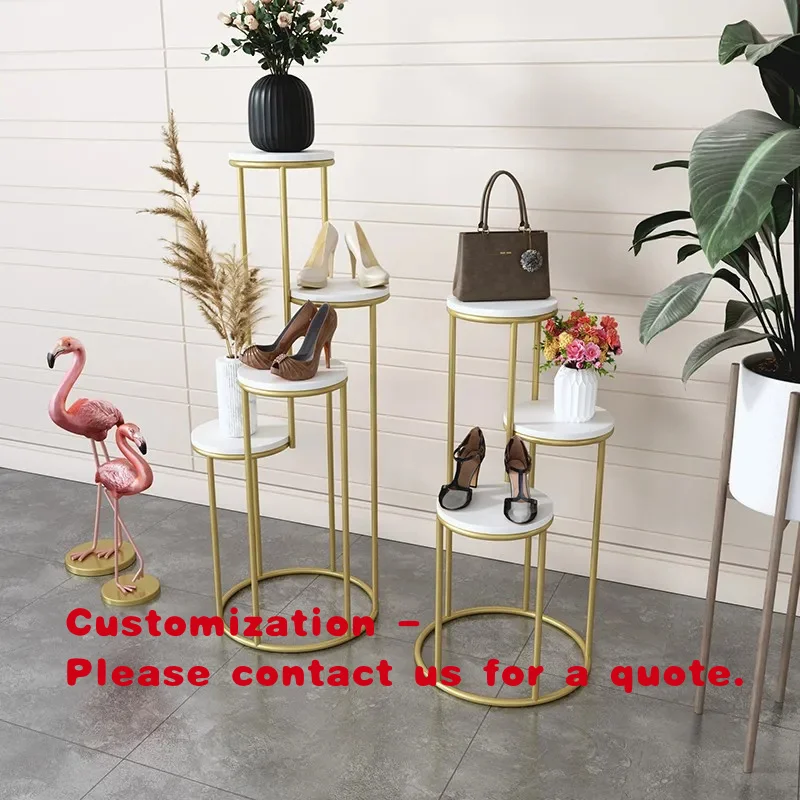 

custom.Modern Store Mall Wooden or Marble Top Metal Frame Gold Shelf Shoes Show Rack Bag Display Stand