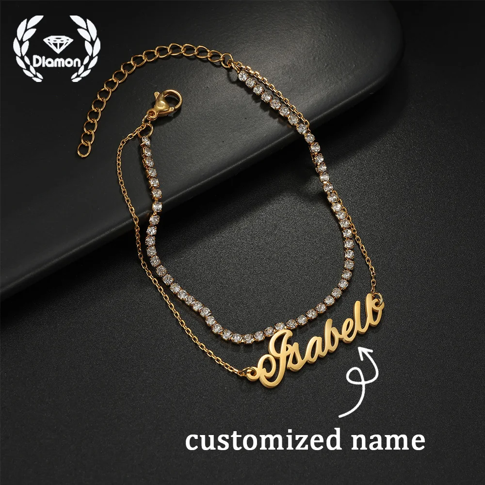 

Персонализированный браслет с двойной цепочкой и бриллиантами, индивидуальный циркон, тонкая цепочка из нержавеющей стали, ювелирные изделия, подарок для женщин