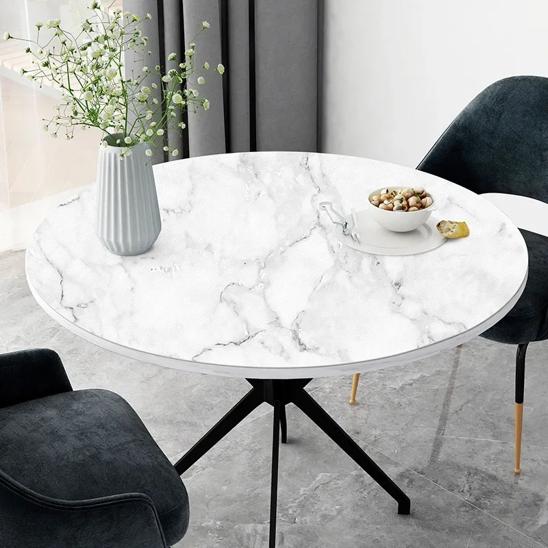 White Gold Marble Round Tablecloth with Elastic Edge Polyester Waterproof Fitted Table Covers for Indoor Party Kitchen Decor