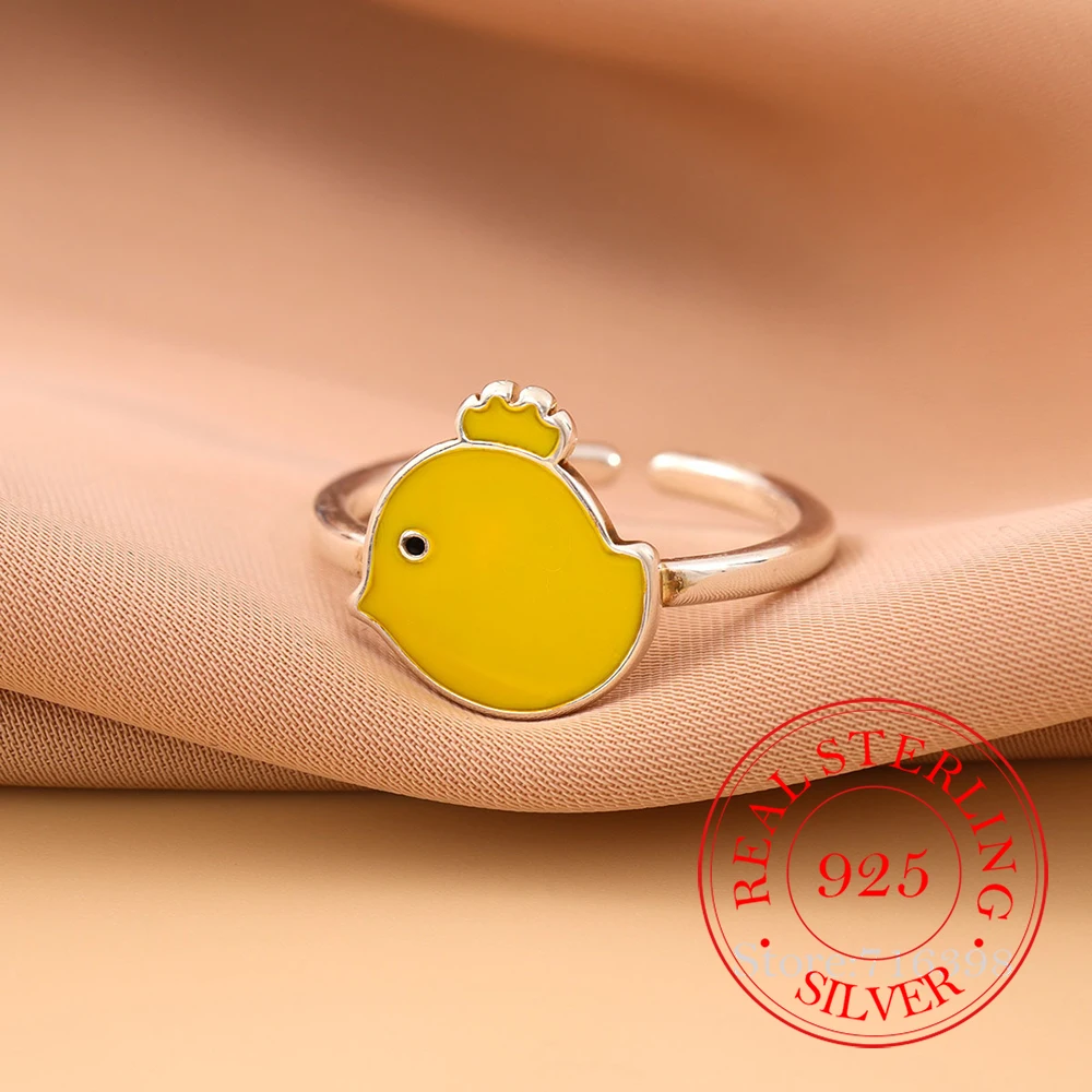 

925 Sterling Silver Cute Little Yellow Chicken Adjustable Finger Rings For Women Girls Money 925 Wedding Party Jewelry Gift