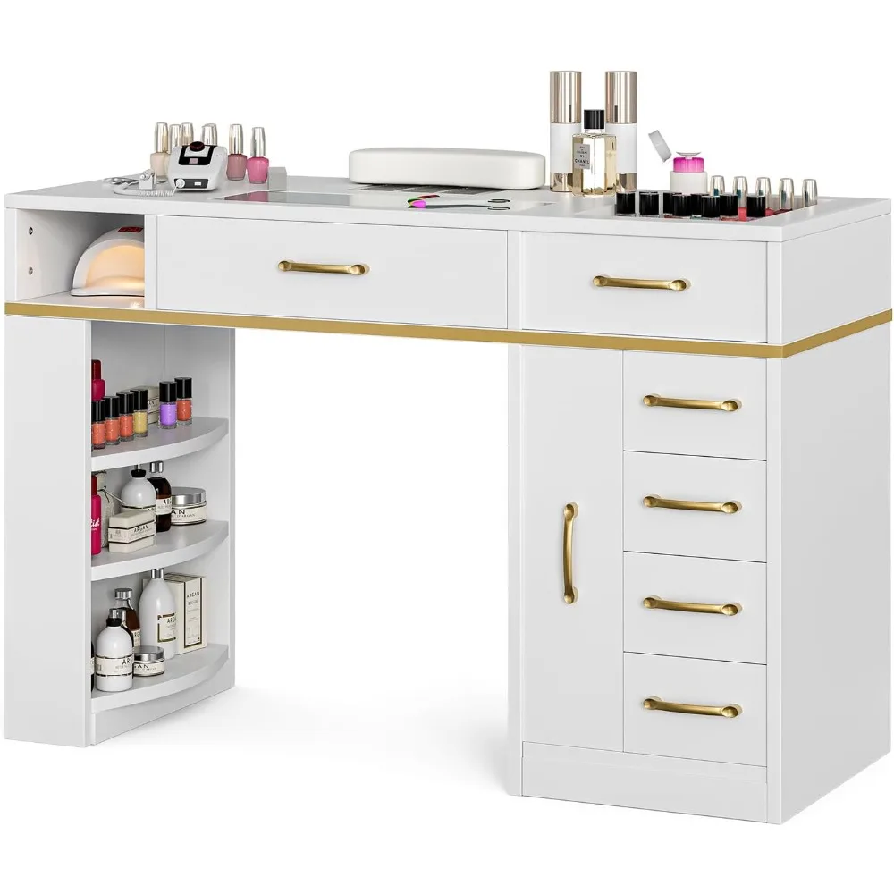 

Manicure Table Nail Station for Nail Tech, Glass Top Nail Table Acetone Resistant w/Dust Collector, 7 Drawers & 3-Tier Shelves,