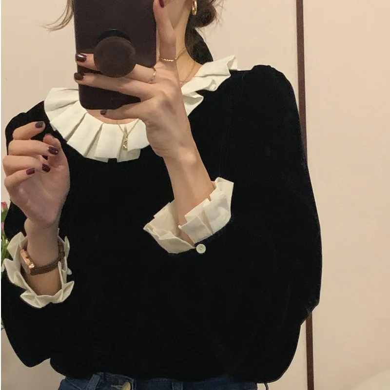 French Style Velvet Long Sleeve Blouse Gored Skirt Collar Doll Shirt Unique Design Vintage Feel Women's Fashion Autumn Wear