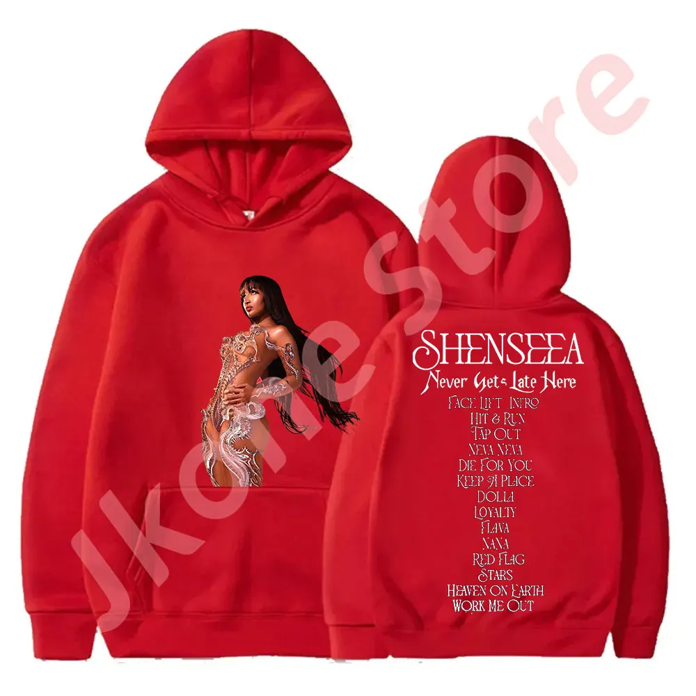 Толстовки Shenseea никогда не опаздывает здесь, Merch, косплей, женская, мужская мода, повседневная Уличная одежда, свитшоты