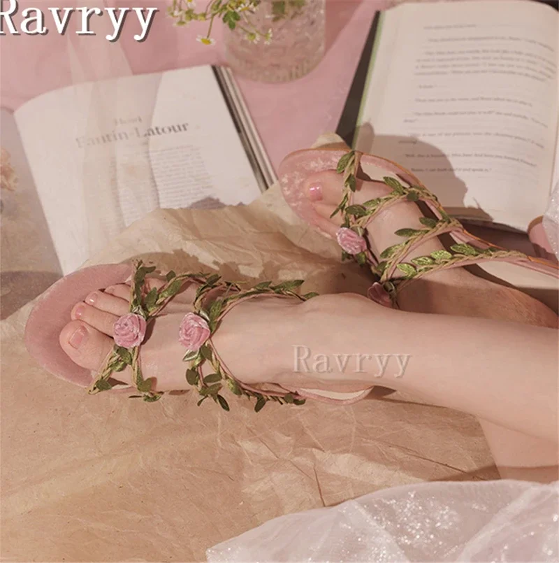 Pink Flower Vine Slippers Lovely Women Vacation Sandals Fairy Style Round Open Toe High Heel Party Wedding Shoes