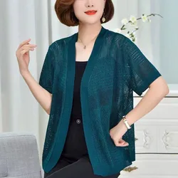 Abrigos de punto con cuello en V para mujer, Manga corta empalmada, Color sólido, elegante, informal, suelto, fino, 2024