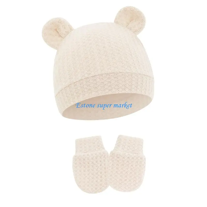 

090B Lovely Bear Ears Design Infant Hat And Mittens Set Elastic Cotton Fabric Newborn Unisex For Daily Comfort Use