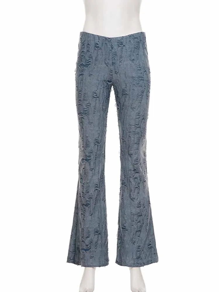 BKQU Vintage Ripped Pants Women Hisper Chic Low-Waist Straight Leg Trousers 2025 Autumn New Street Party Long Pants Y2k Clothing