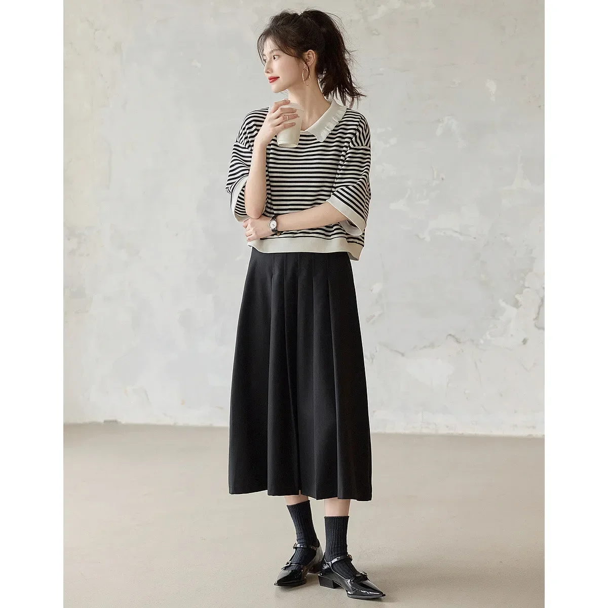 Pop Comfortable Striped Knit T-Shirt Women's Style Casual Commute Top With Ruffle Collar Seven Sleeve Length Spring Autumn Seaso