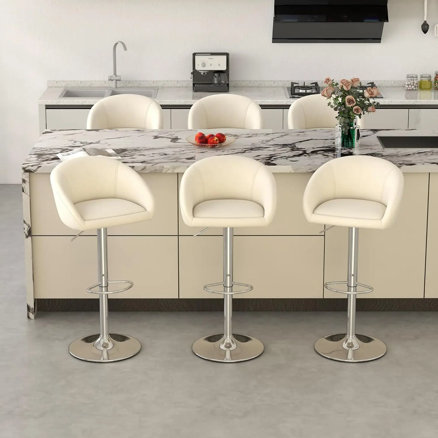 

Velvet Swivel Adjustable Counter Height Bar Stools Set Of 6 Silver Metal Base Footrest Kitchen Pub Home Beige, Customized