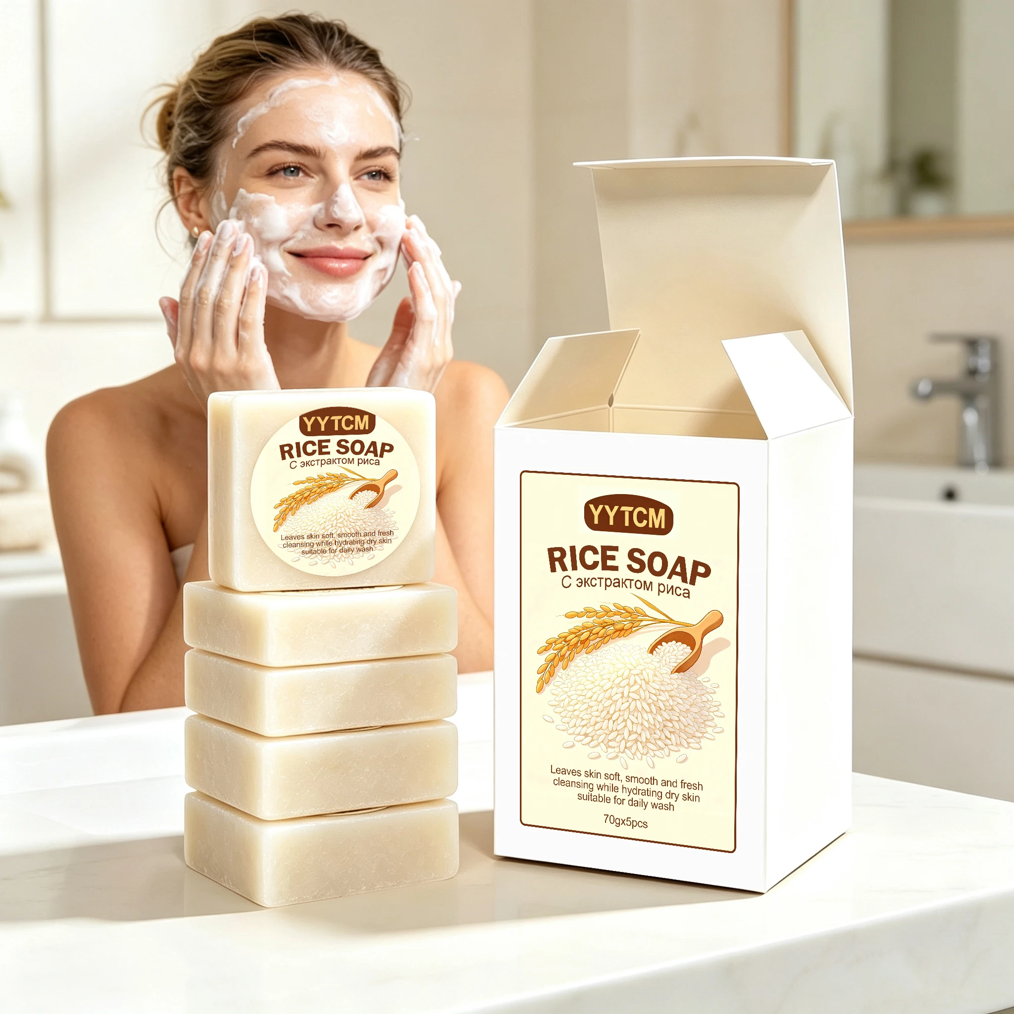 Rice Essence Handmade Soap, Dense Foam for Deep Cleansing, Gentle Moisturizing, Dual-Purpose for Face and Body, Daily Cleansing Soap 70G/Piece-5 Pieces