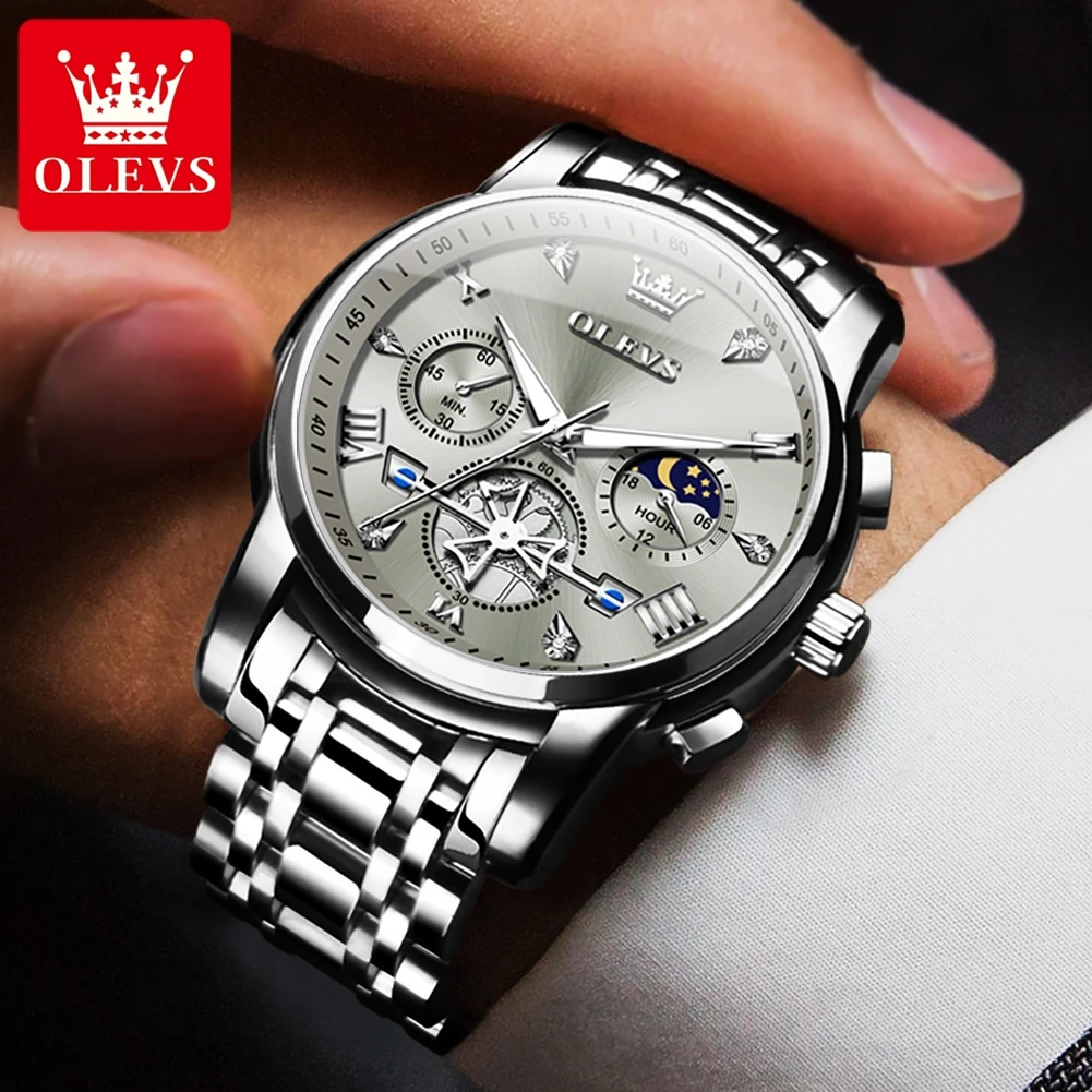 OLEVS NEW Men\'s Quartz Watches Skeleton Flywheel Design Chronograph Classic Fashion Wrist watch for Men Moon phase Waterproof