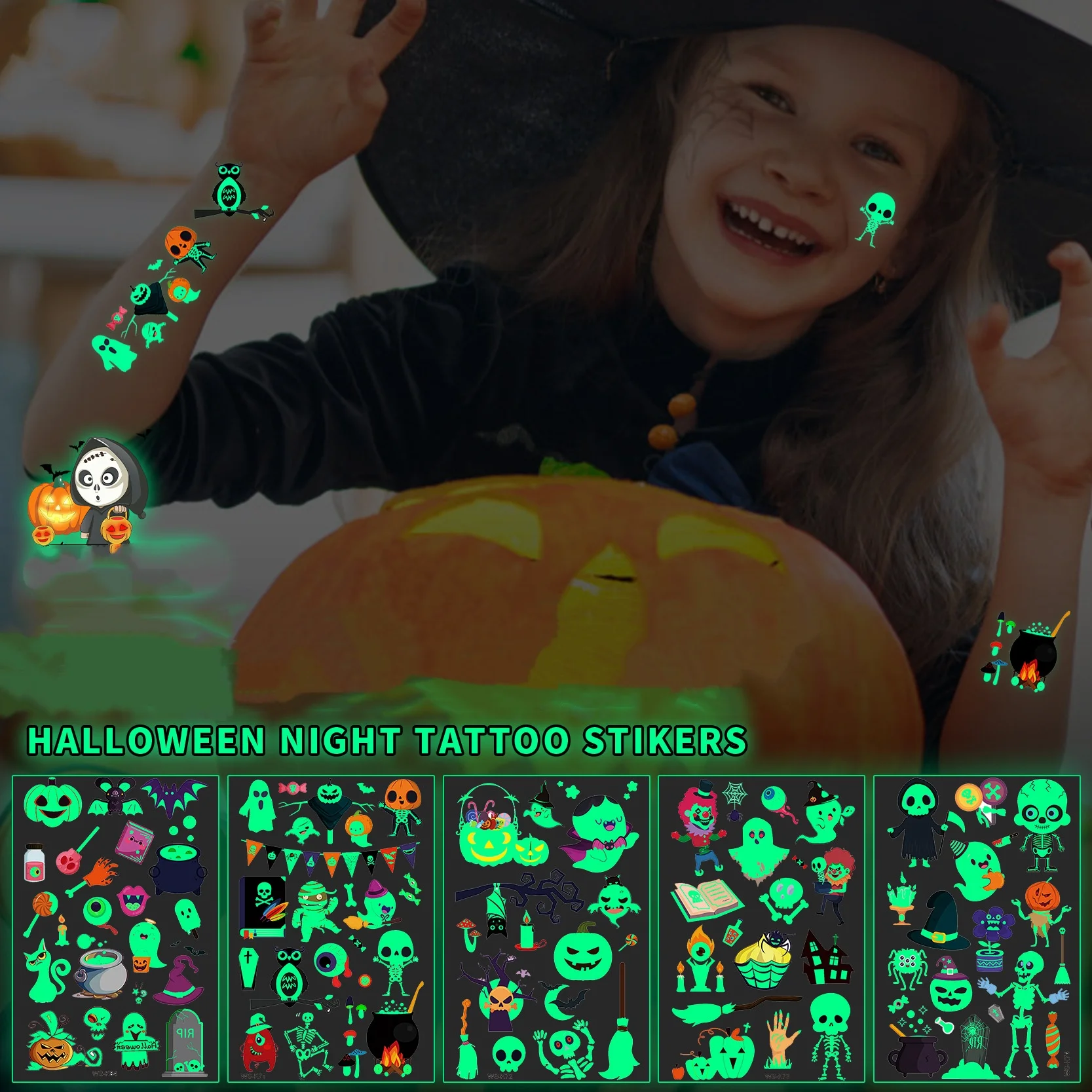 

5 листов светящиеся татуировки на Хэллоуин, наклейки, водонепроницаемые долговечные детские татуировки, день мертвых, временные поддельные татуировки