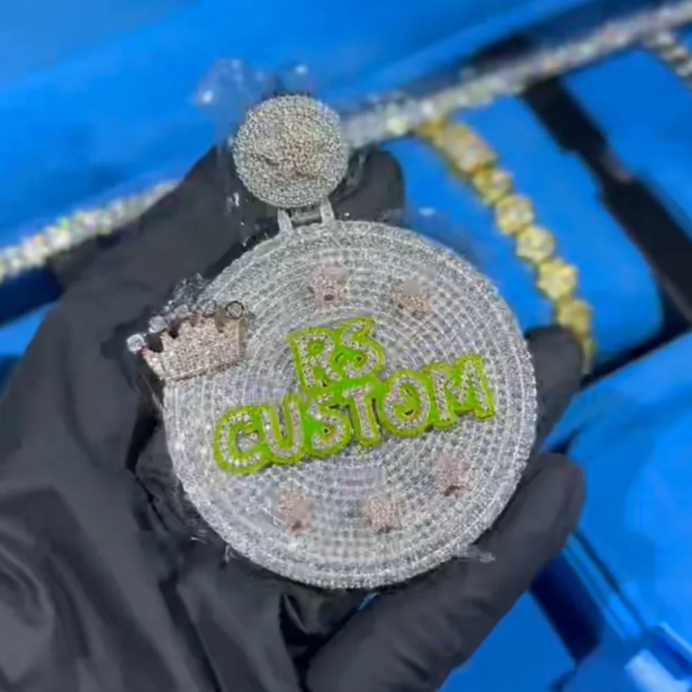 

NUOYA Custom 60mm Charm Crown Star Green Night Glow Enamel Letter Moissanite Pendant Necklace 925 Sterling Silver Jewelry