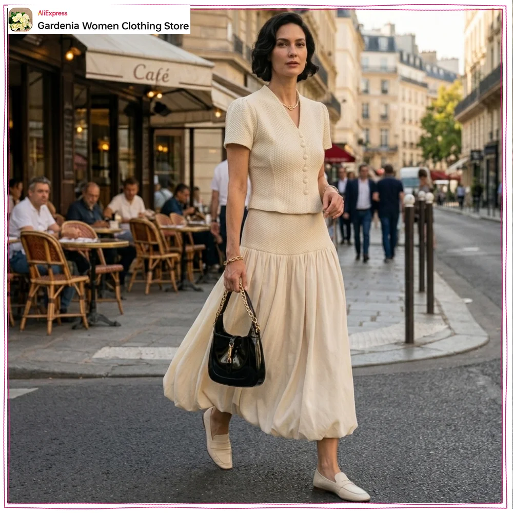 

Fashion Women's New Matching Sets Elegant Knit Skirt Sets V-neck Short Sleeve Textured Knit Jacket + Combined Knit Balloon Skirt