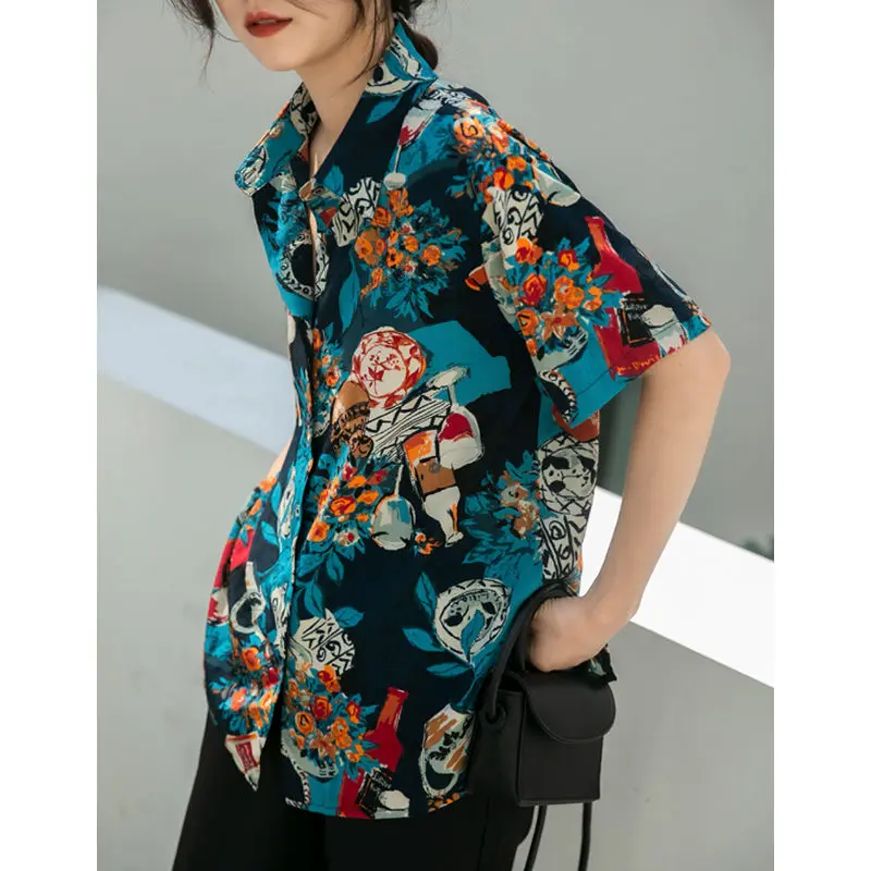 Summer Woman Clothes HongKong Retro Style Printing Loose Fashion Polo-neck Chic Thin Top Casual Trend Popularity Harajuku Button