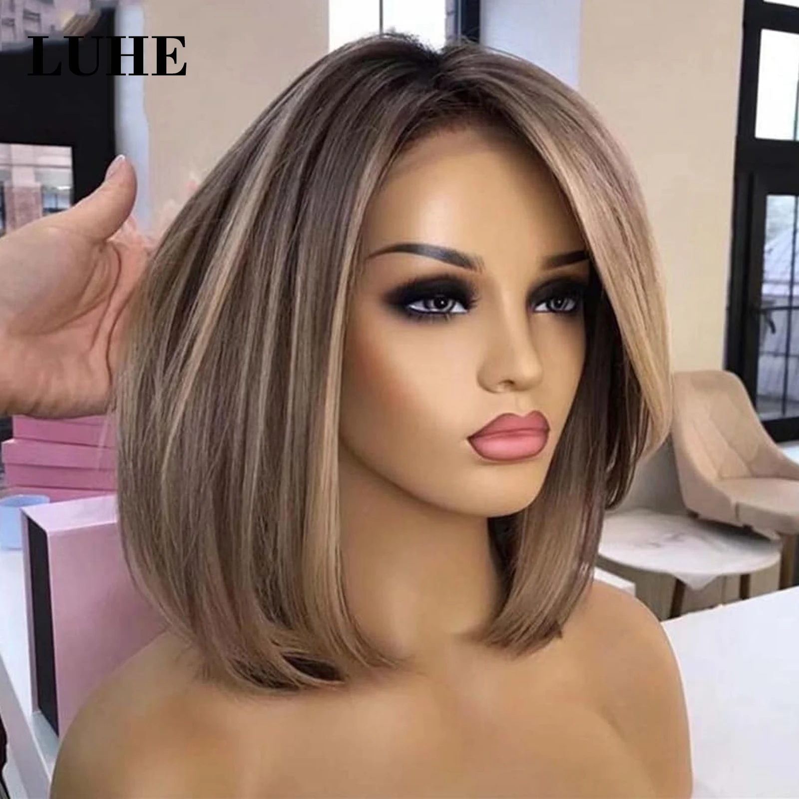 Ombre Ash Blonde Highlight Colored Wig 16 Inch Short Straight Bob Synthetic Hair Lace Front Wigs for Women 13x3 Lace Frontal Wig