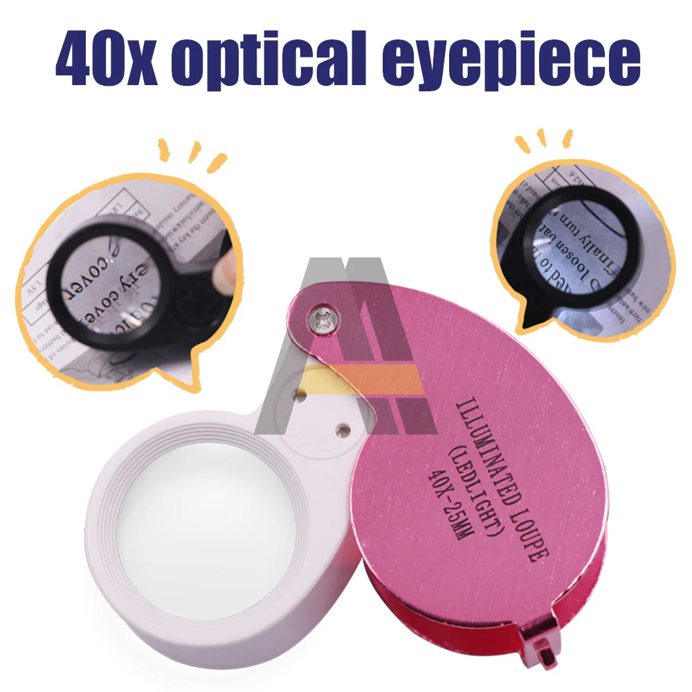 40X MINI Jewelry Magnifying Glass Lens Diameter 25mm Pocket Illuminated Loupe 2 LED Foldable Magnifier for Jade Appreciation