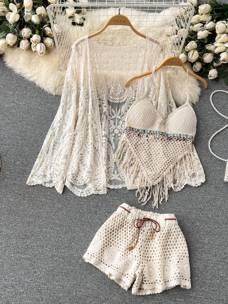 Summer New Holiday Suit Women's Lace Embroidered Cardigan+tassel Neck Top+ Hollow Out Shorts Three Piece Set  H066