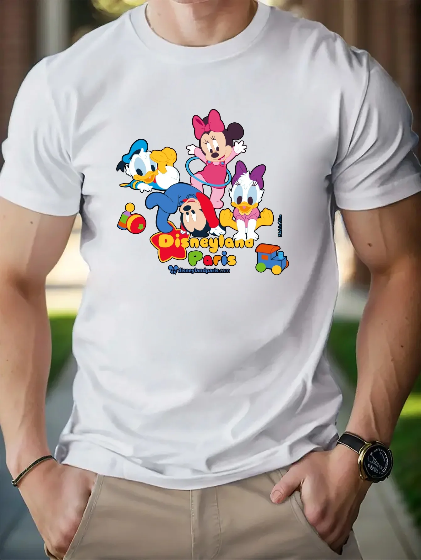 Disney T-Shirts Men\'s Casual Cartoon Babies Mickey And Friends Disneyland Paris  Regular Fit Knitted Short Sleeve Slight Stretch