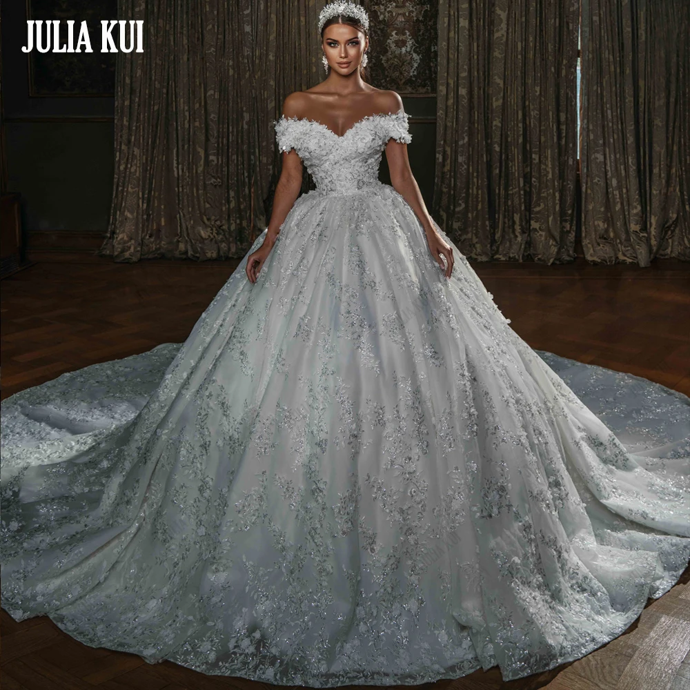 Julia Kui Charming Beading Embroidery Lace Ball Gown Wedding Dresses Off Shoulder Sleeves Bridal Skirts