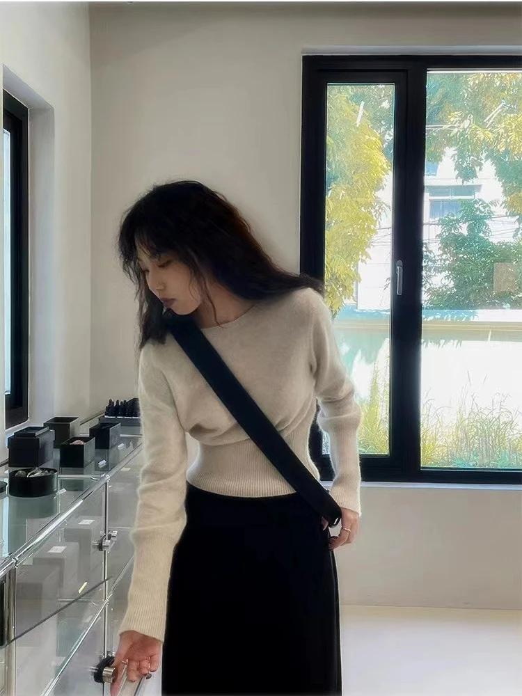 سترة كشمير نقية 100% قميص محبوك قاع المرأة الجديدة الخريف والشتاء سترة قصيرة عالية الخصر