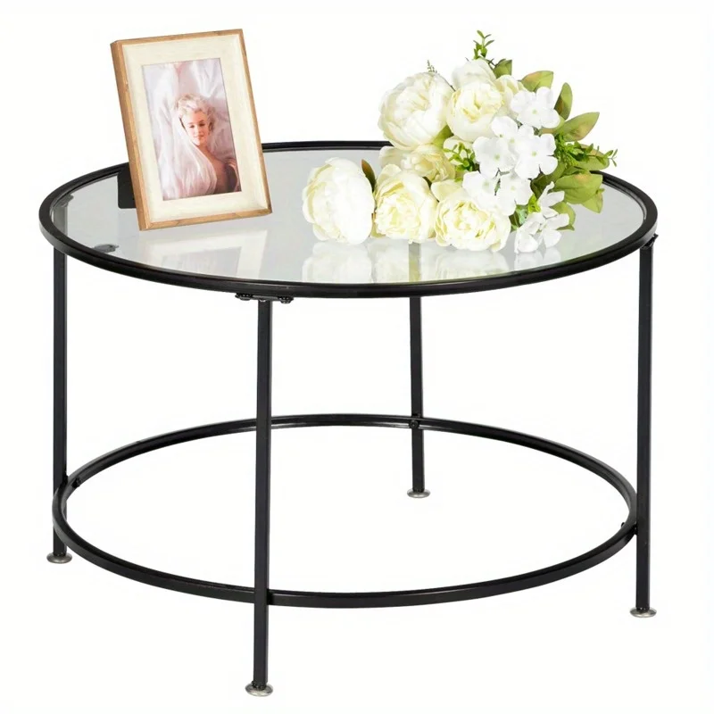 2 Layers 5mm Thick Tempered Glass Countertops Round Wrought Iron Coffee Table Black,