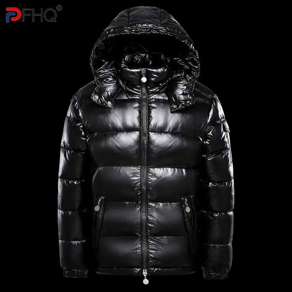 PFHQ Down Cotton Jacket Glossy Surface Men's Hooded Thick Bread Coat 2024 Solid Color Warm Long Sleeve Male Tops 21Z7542