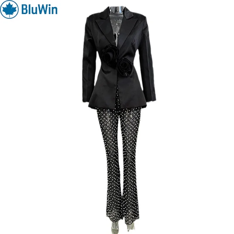 

URBANCHIC Chic Black Blazer & Beaded Pants Set – Floral Detail for a Bold, Elegant Look