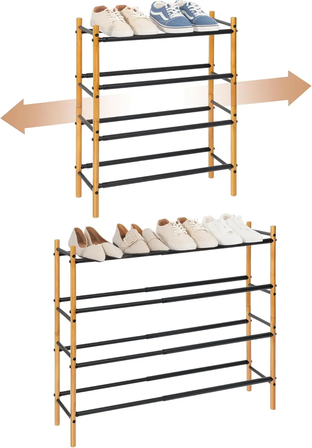 Expandable Shoe Organizer, Stackable 4 Tier Bamboo/Black Closet Shoe Rack for Entryway, Garage, Front Door