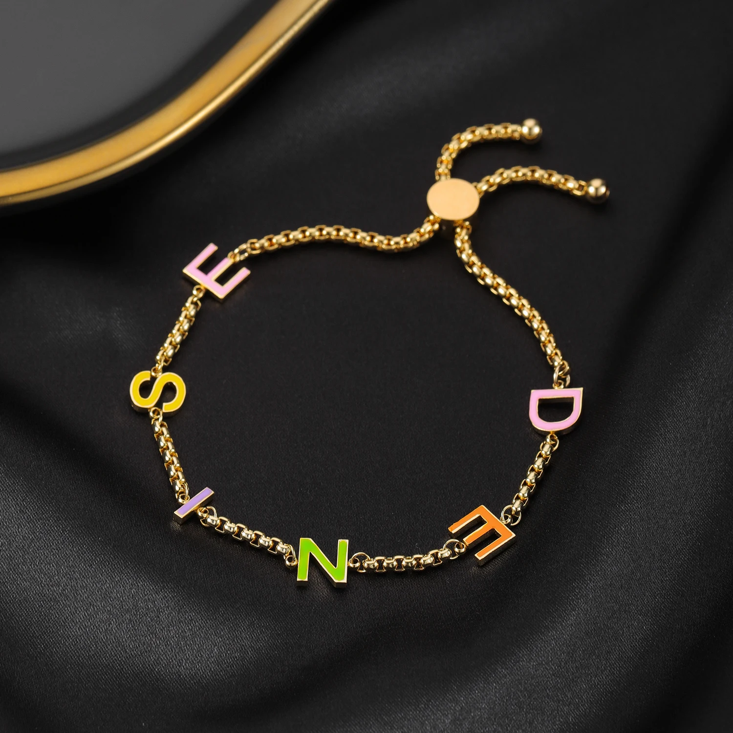 Qitian Custom Colorful Letter Bracelet Personalized Enamel Name Bracelets Stainless Steel Jewelry Charm Simple Gift For Women