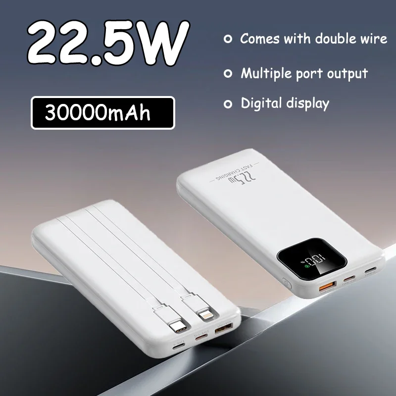 Portable 30000mAh Power Banks 22-5W Super Fast Charging with Digital Display Built-in 2 Cables External Battery for Mobile Phone