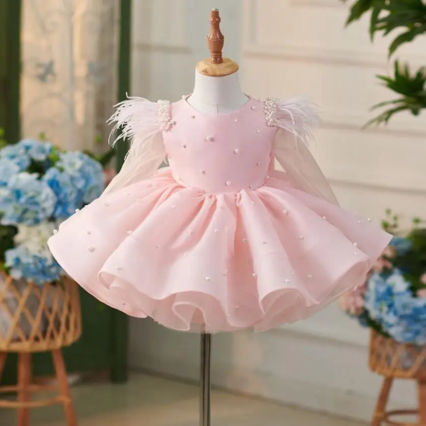 

High-End Children's Princess Evening Gown Pearls Design Kids Catwalk Wedding Birthday Baptism Eid Party Girls Dress A3445