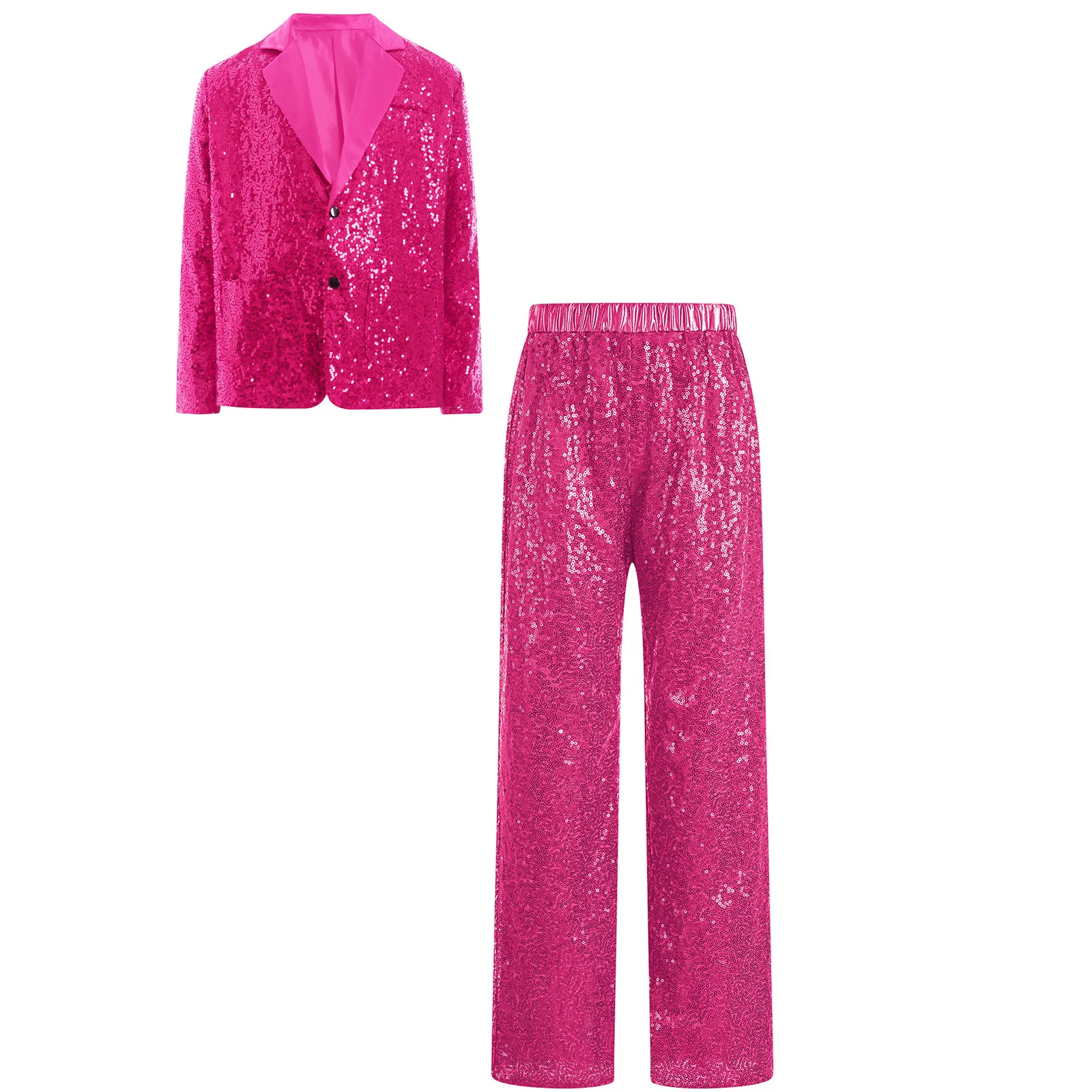 

Kids Girls Retro Disco Dance Party Stage Performance Costume Sparkly Sequins Notched Lapel Long Sleeve Blazer Jacket+Pants 2Pcs