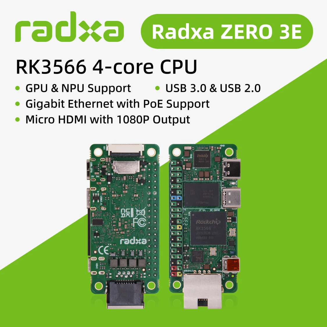 AvaCoreRadxa ZERO 3E RK3566 4-core CPU SBC, GPU, NPU, HDMI With 1080P Output, And Gigabit Ethernet, Single Board Computer