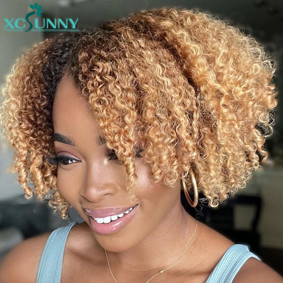 V Part Kinky Curly Wig Blonde Ombre Human Hair Wig Short Bob Wig Human Hair VPart Kinky Curly Wig No Leave Out Blend Hairline