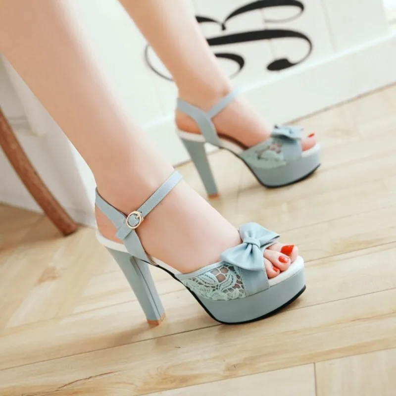 Women Summer Lace Bow Sandals Fish Mouth Super High Heel Platform Evening White Wedding Dress Shoes Female Zapatos De Mujer