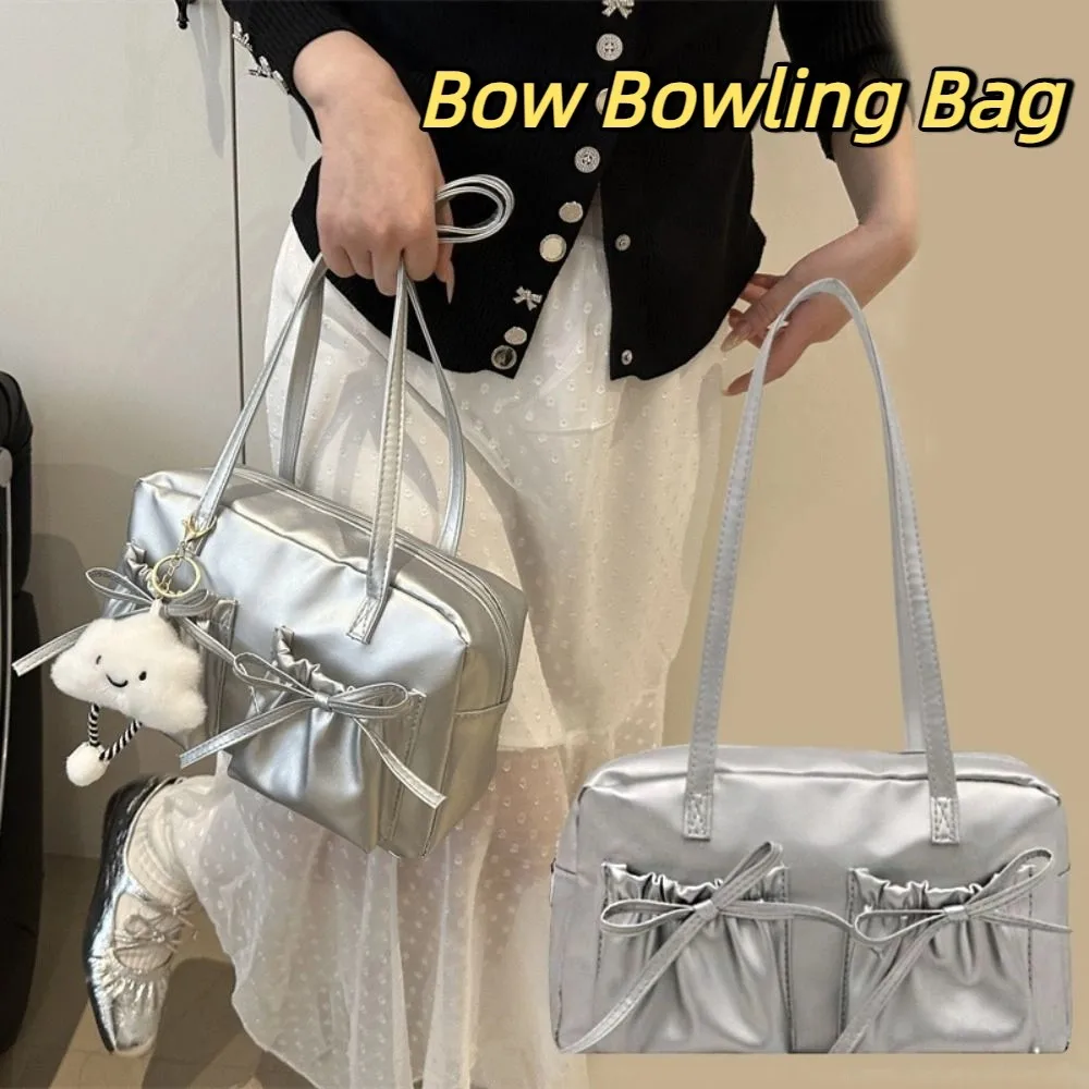 

Trendy French Style Bow Bowling Bag Elegant Bowknot Boston Shoulder Bag PU Leather Casual Women Handbags Girls