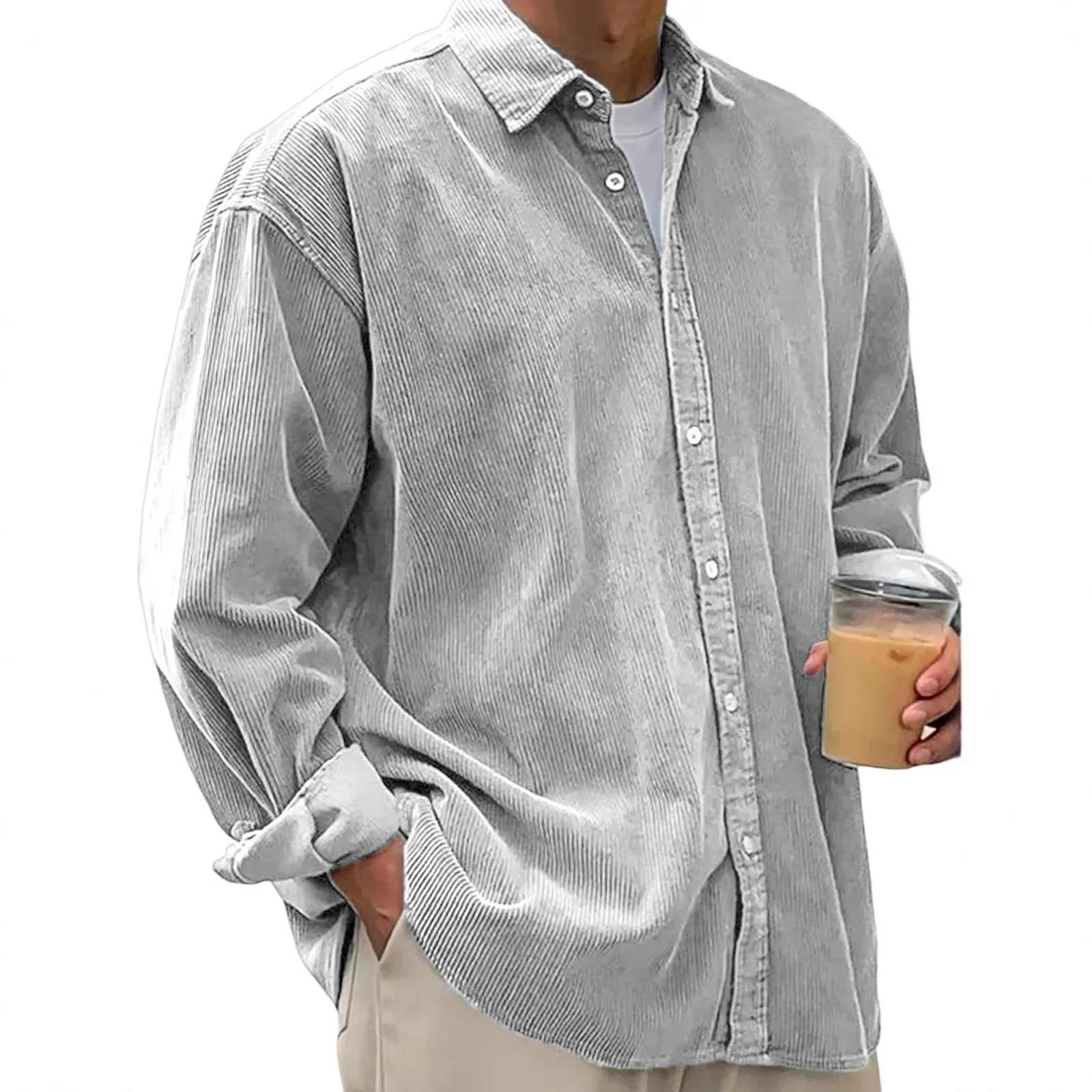Casual Loose Fit Shirt with Long Sleeve Notched Collar Open Front Topstitching Detail Wrinkle Finish Summer Autumn Men Shirts